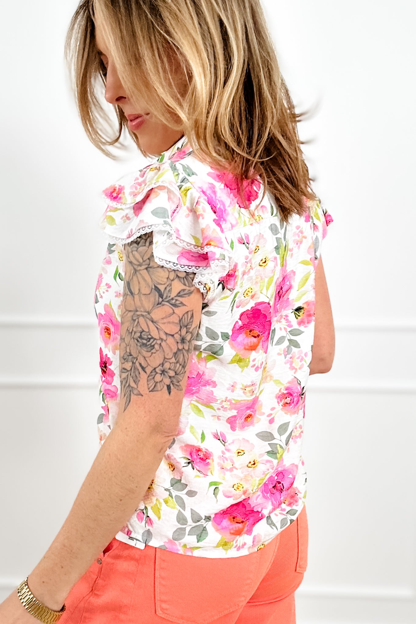 Flower Print Short Sleeve Button Down Top