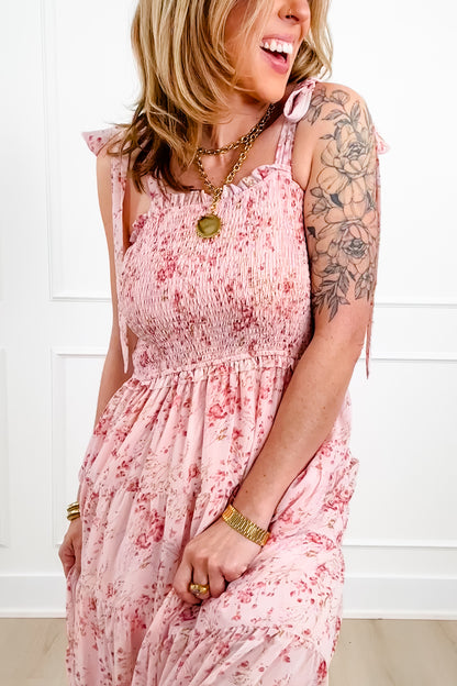 Plus/Reg Floral Sleeveless Smocked Bodice Tiered Midi Dress