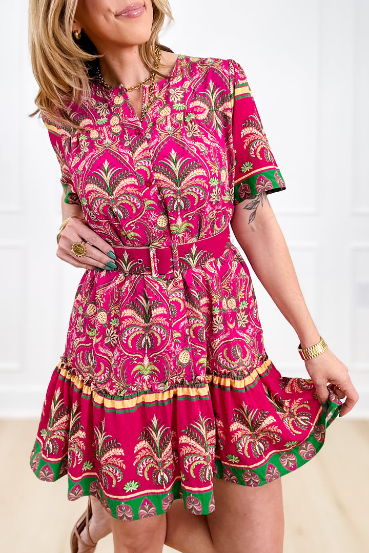 Tropical Print Short Sleeve Button Down Midi Dress
