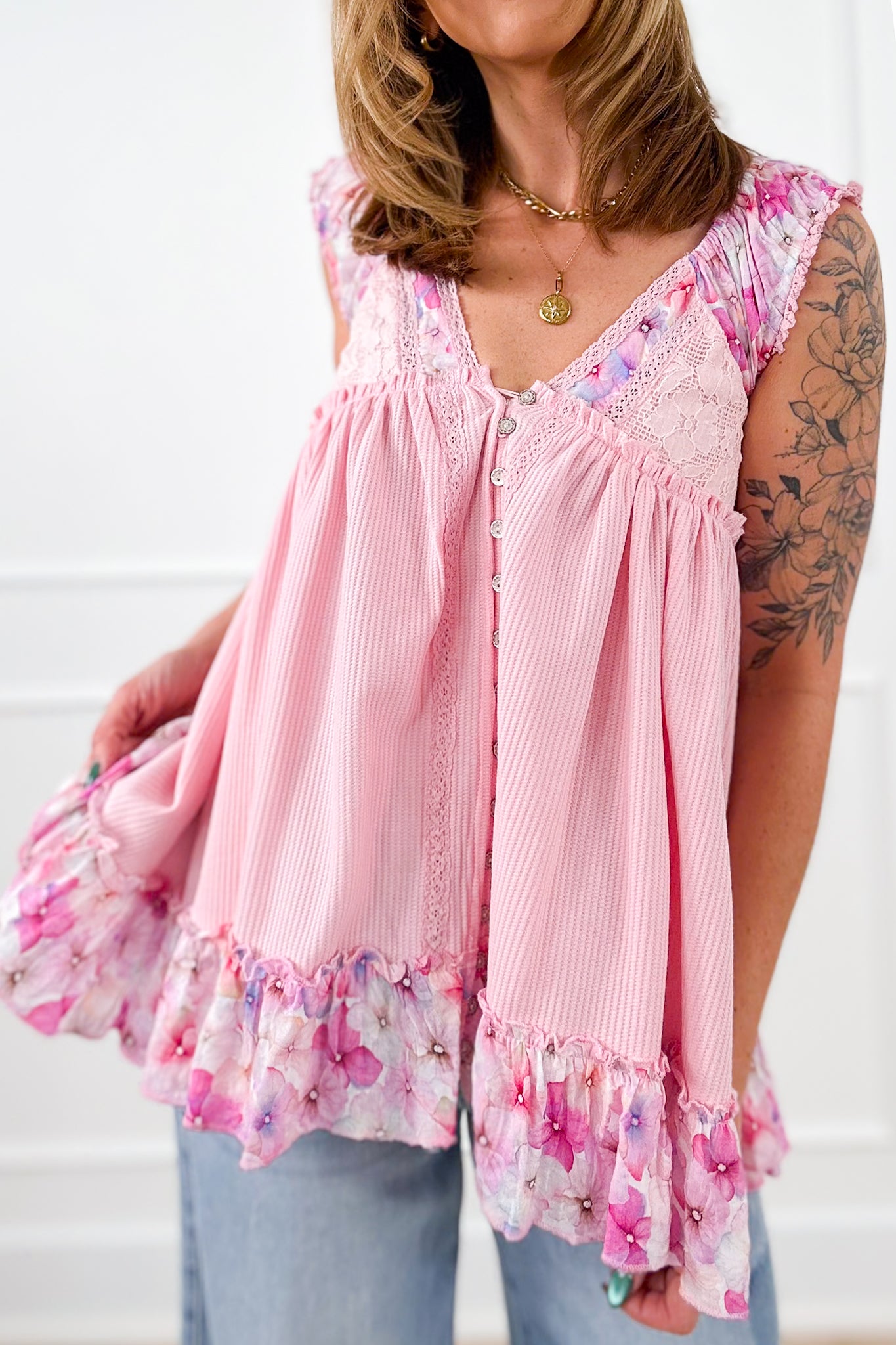 POL Textured Sleeveless V Neck Top with Floral Print
