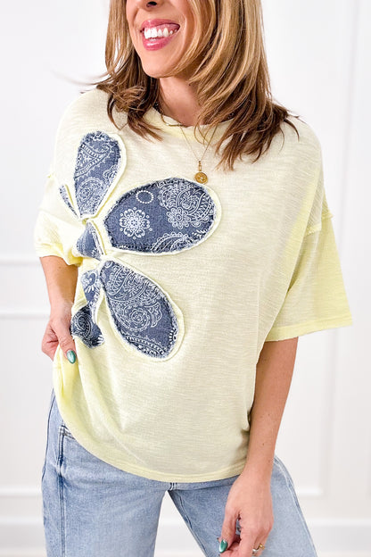 Short Sleeve Pullover Top with Bandana Print Flower Patch