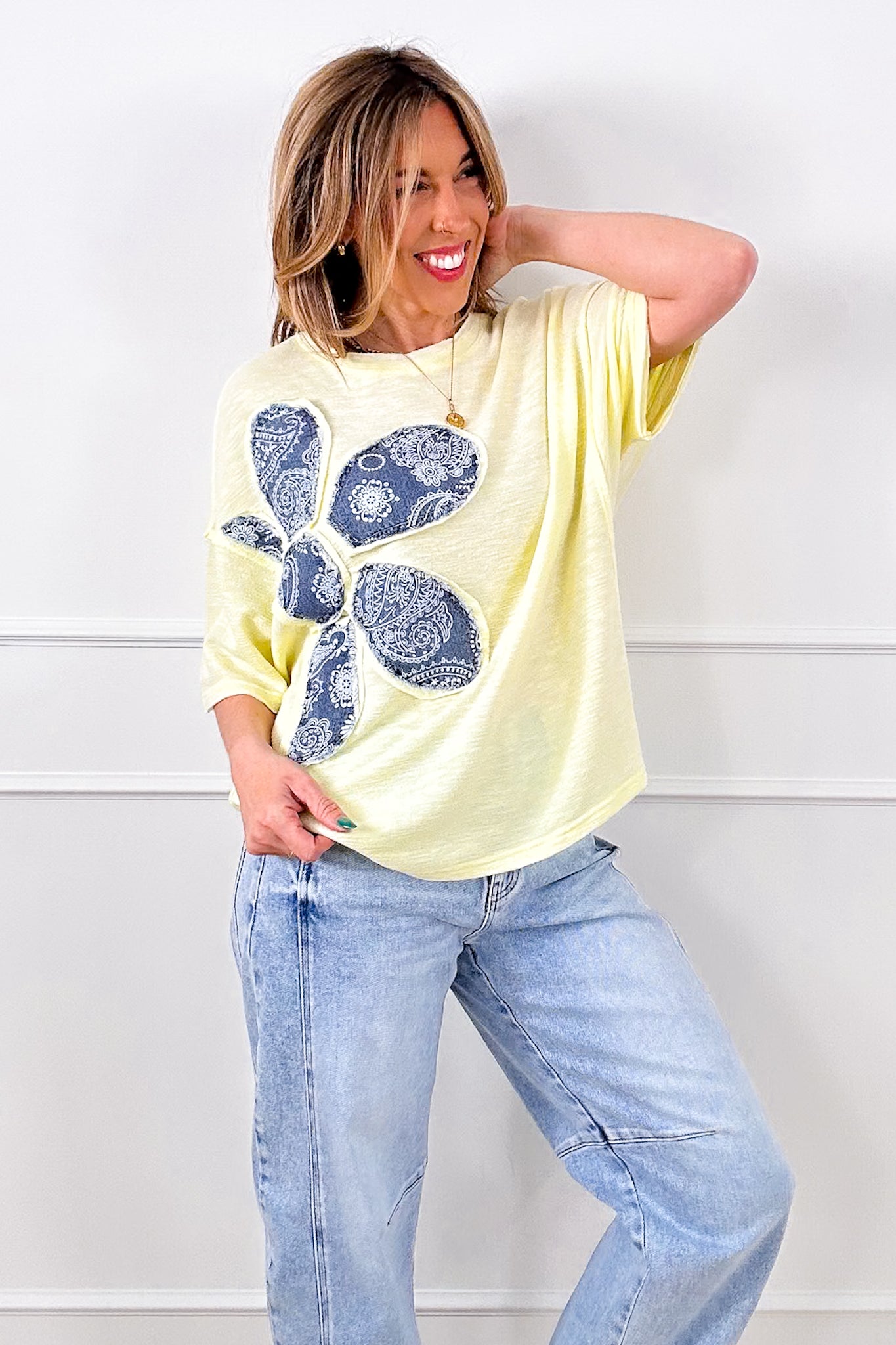 Short Sleeve Pullover Top with Bandana Print Flower Patch