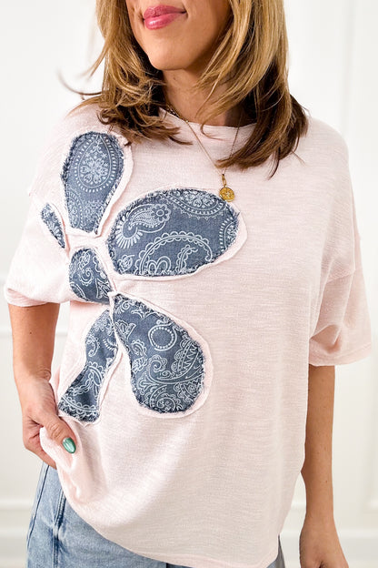 Short Sleeve Pullover Top with Bandana Print Flower Patch