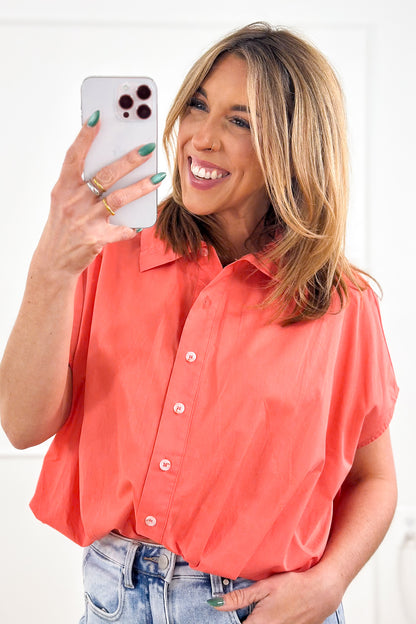 Short Sleeve Bubble Hem Button Down Blouse