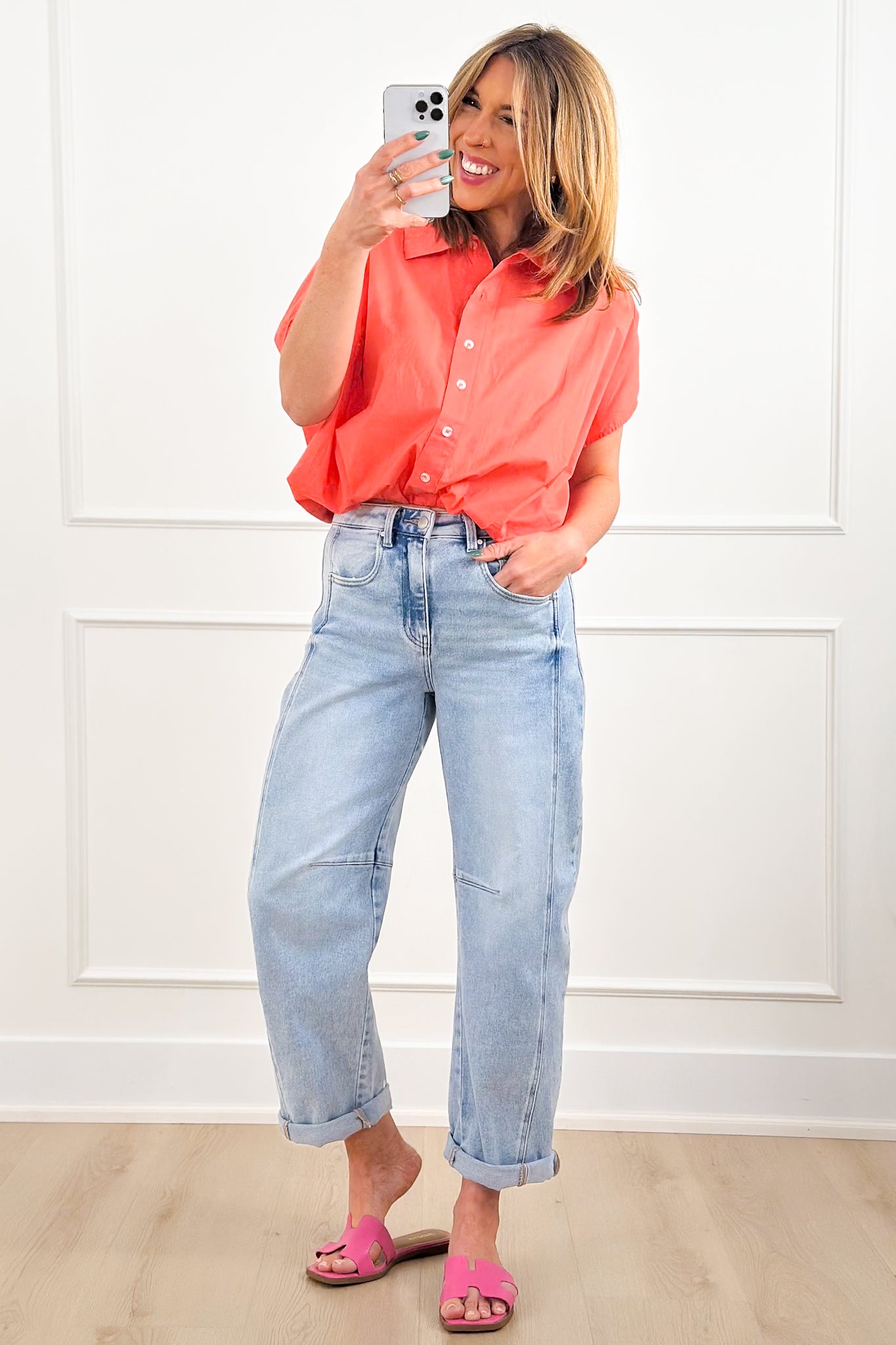Short Sleeve Bubble Hem Button Down Blouse