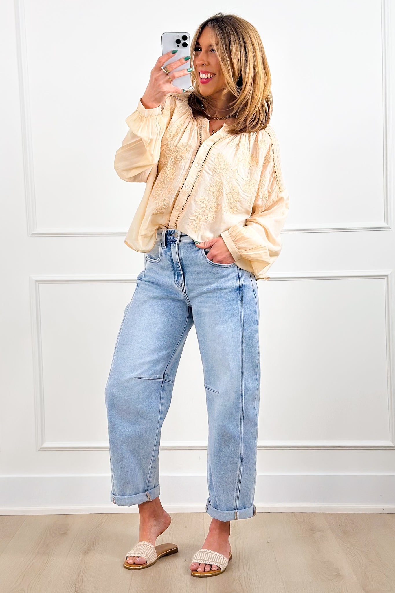 POL Embroidered Long Sleeve Button Up Blouse