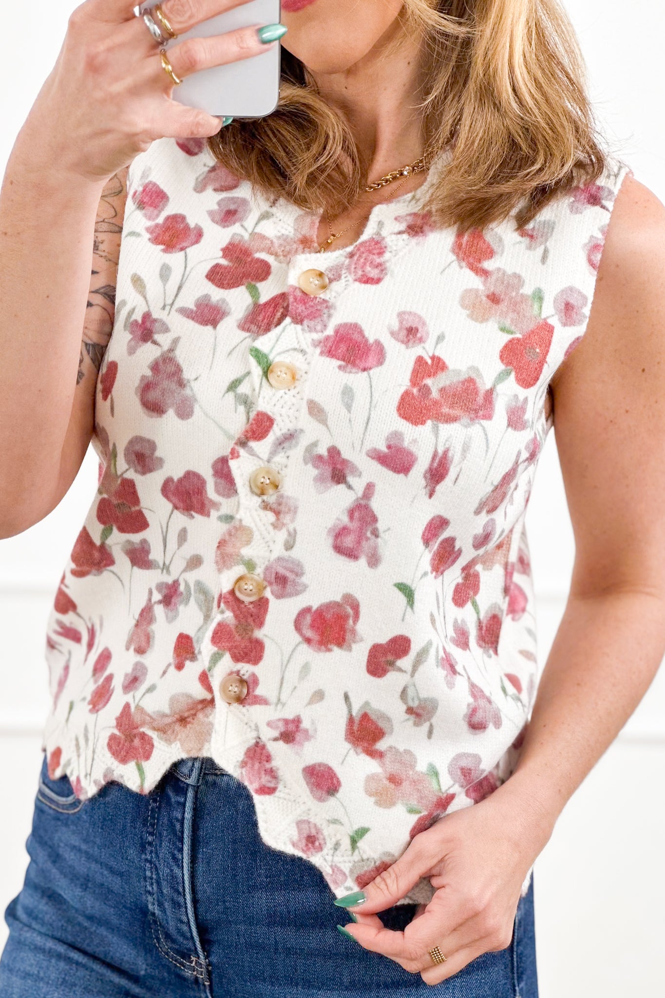 Floral Print Button Down Sweater Vest