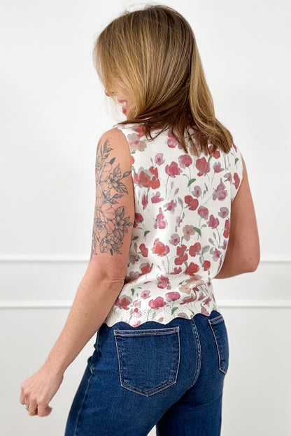 Floral Print Button Down Sweater Vest