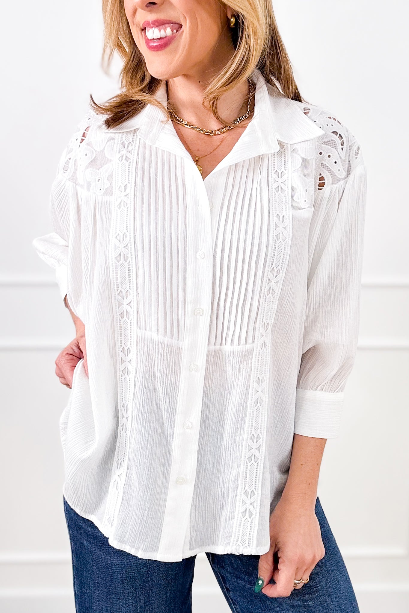 Ivory Dolman Sleeve Button Down Top with Lace Accent
