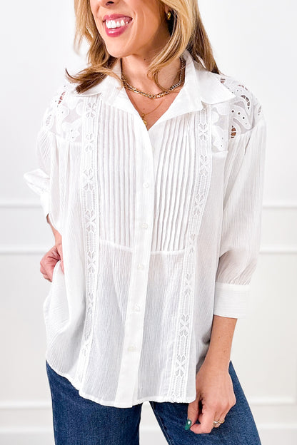 Ivory Dolman Sleeve Button Down Top with Lace Accent