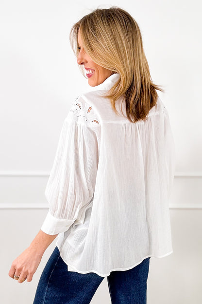 Ivory Dolman Sleeve Button Down Top with Lace Accent
