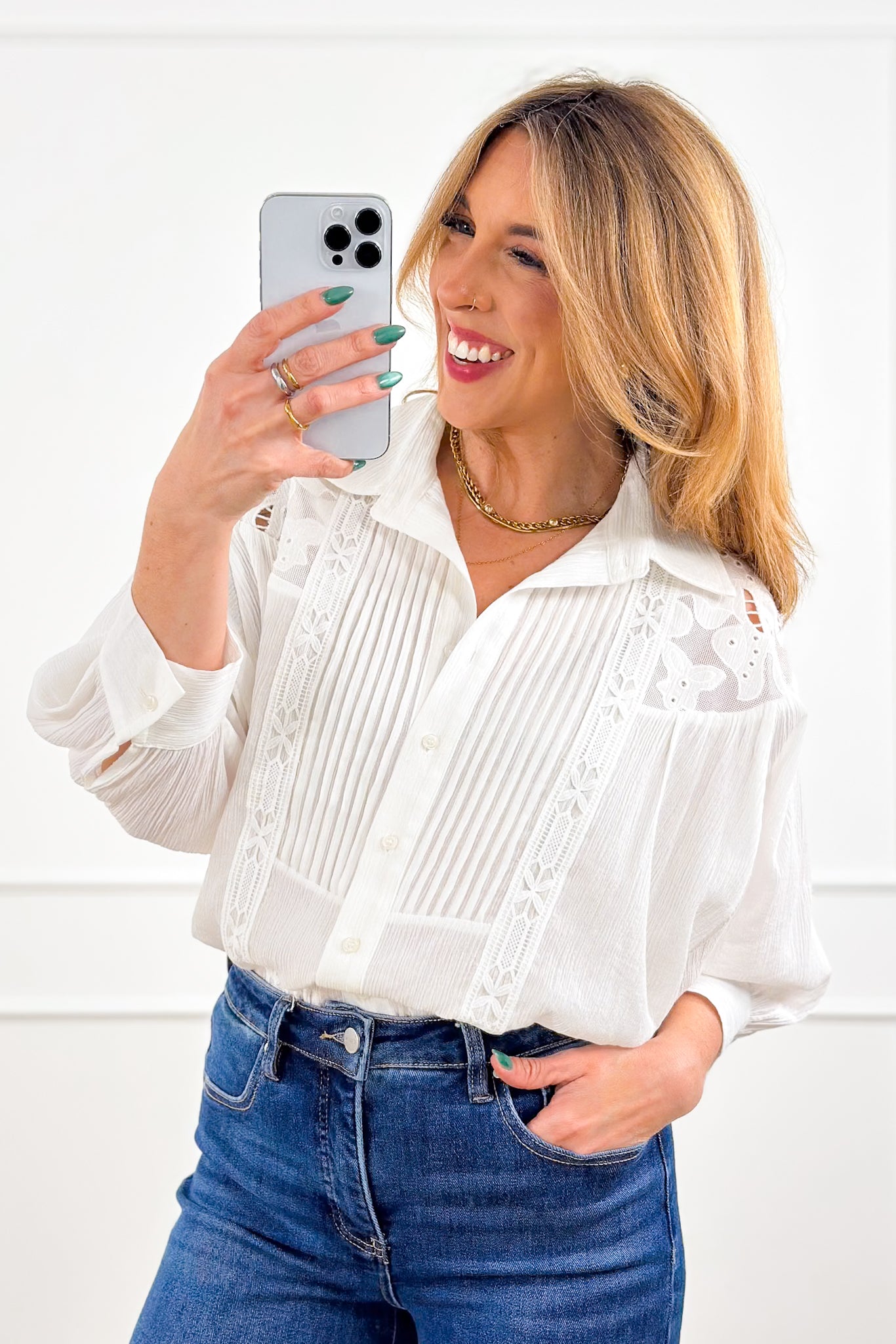 Ivory Dolman Sleeve Button Down Top with Lace Accent