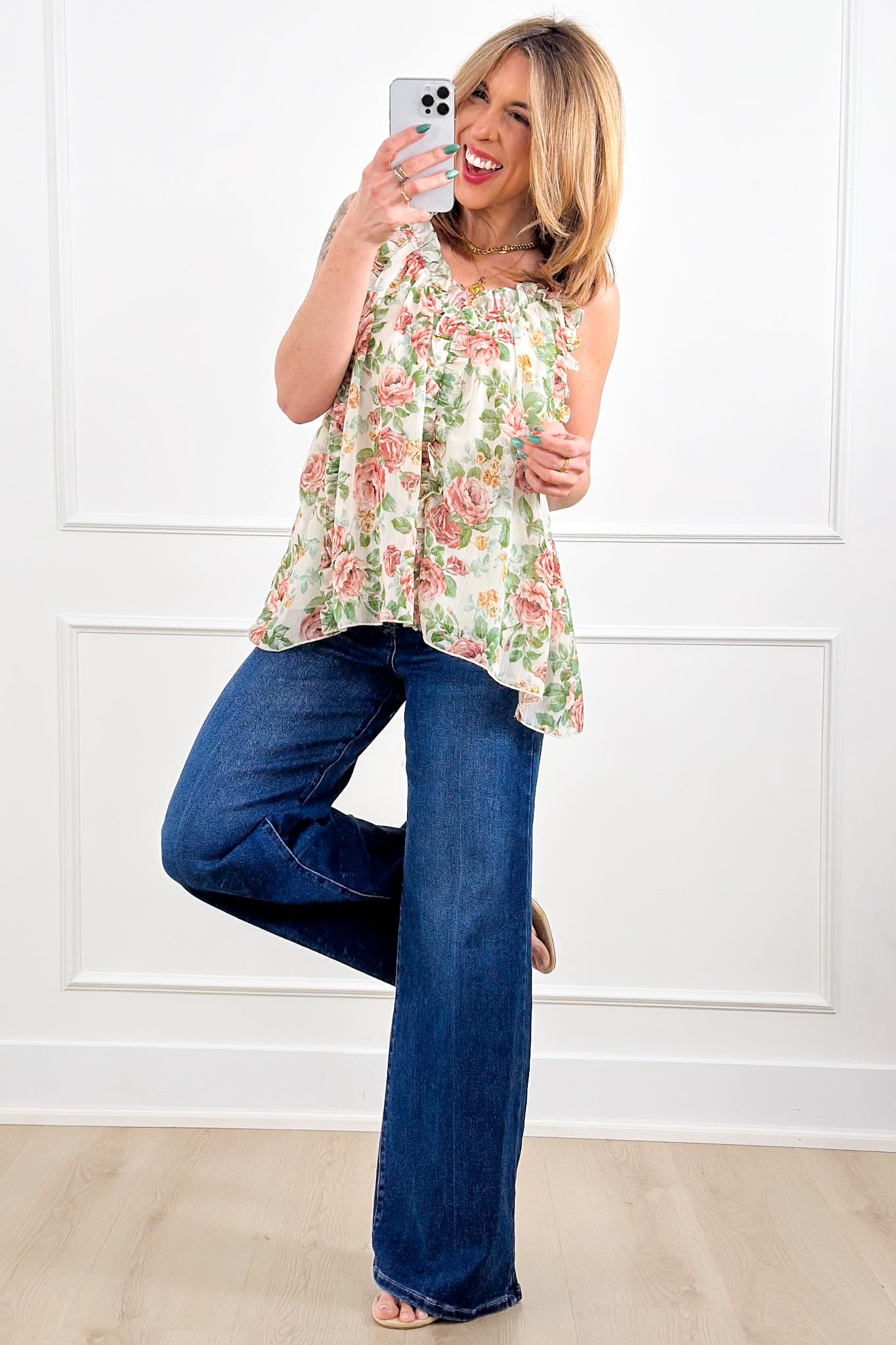 Flower Print Sleeveless V Neck Ruffle Detail