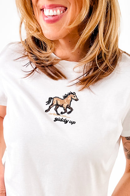 White Short Sleeve Tee with Embroidered Horse Design