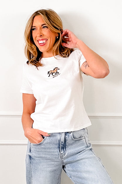 White Short Sleeve Tee with Embroidered Horse Design