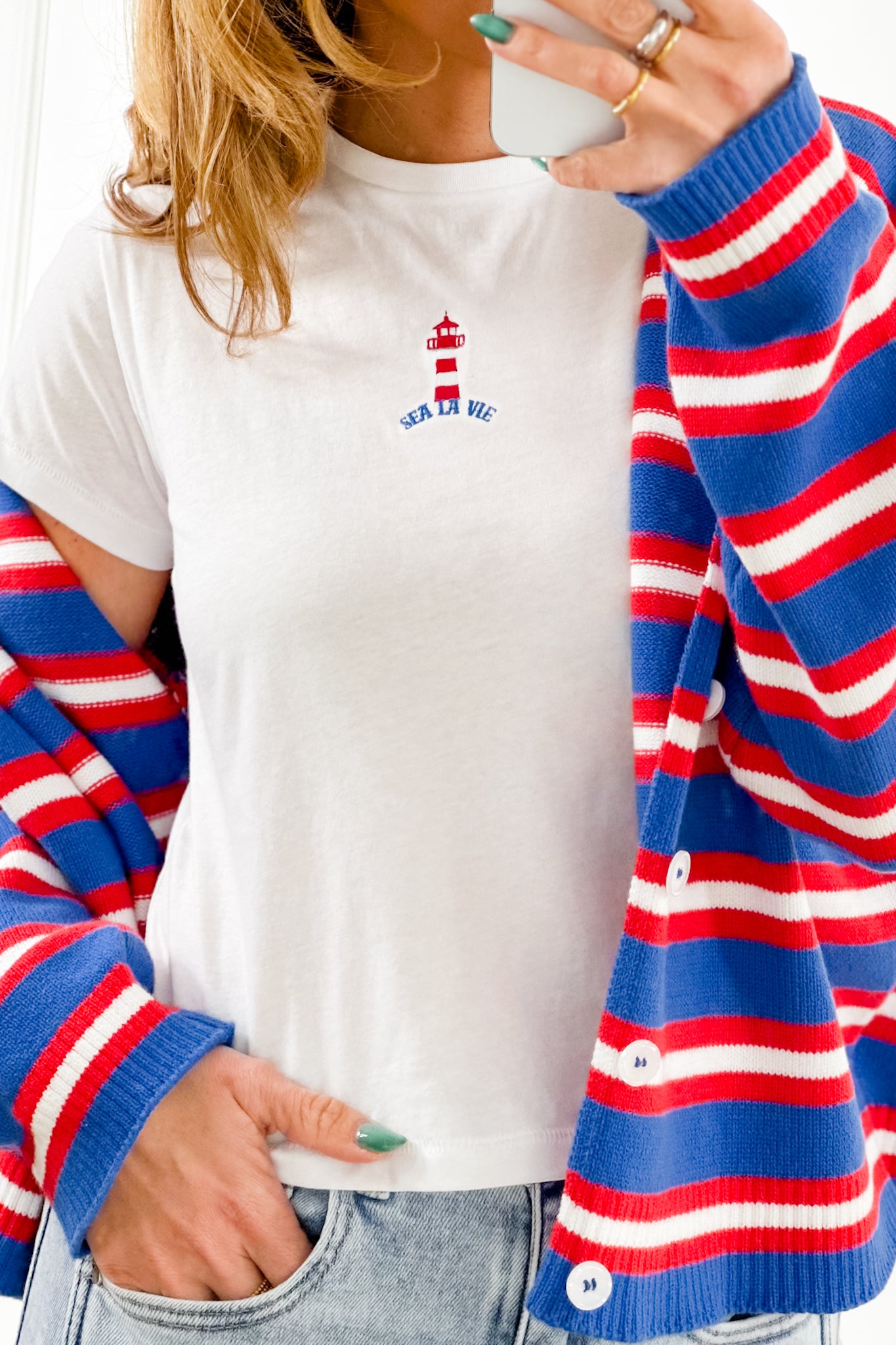 White Short Sleeve Embroidered Lighthouse Top