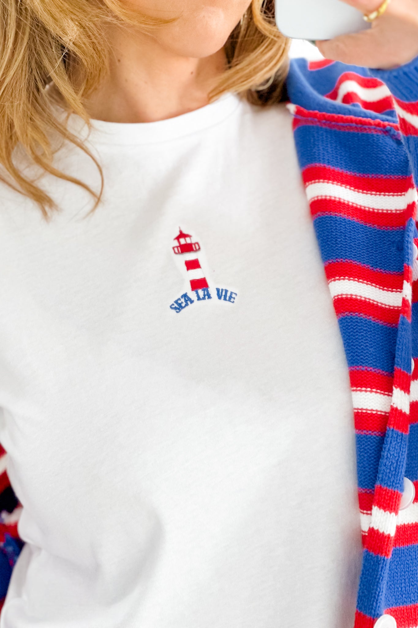 White Short Sleeve Embroidered Lighthouse Top