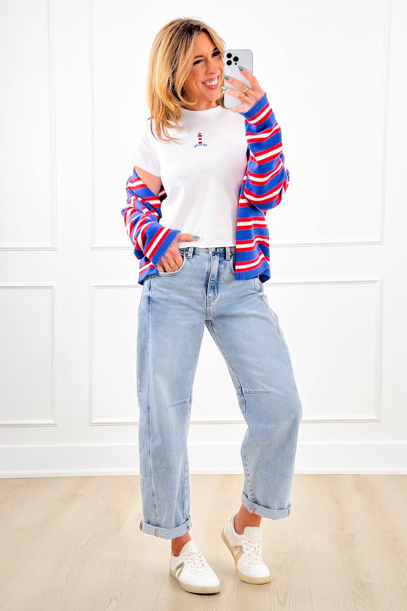 White Short Sleeve Embroidered Lighthouse Top