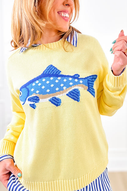 Knit Long Sleeve Pullover Sweater with Fish Detail