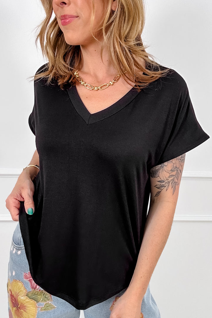 Plus/Reg Solid Relaxed Fit Short Sleeve V Neck Top - Freckled Poppy