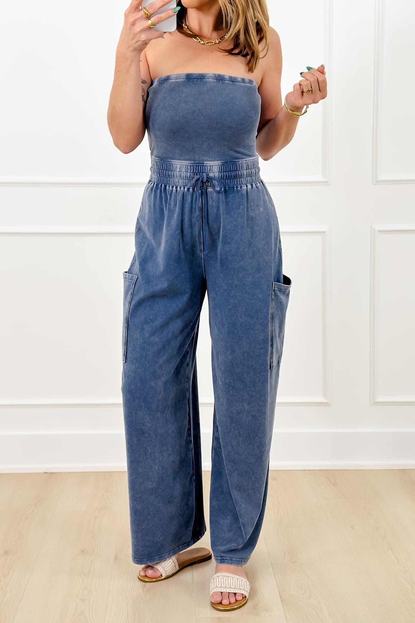 Mineral Wash Strapless Wide Leg Jumpsuit