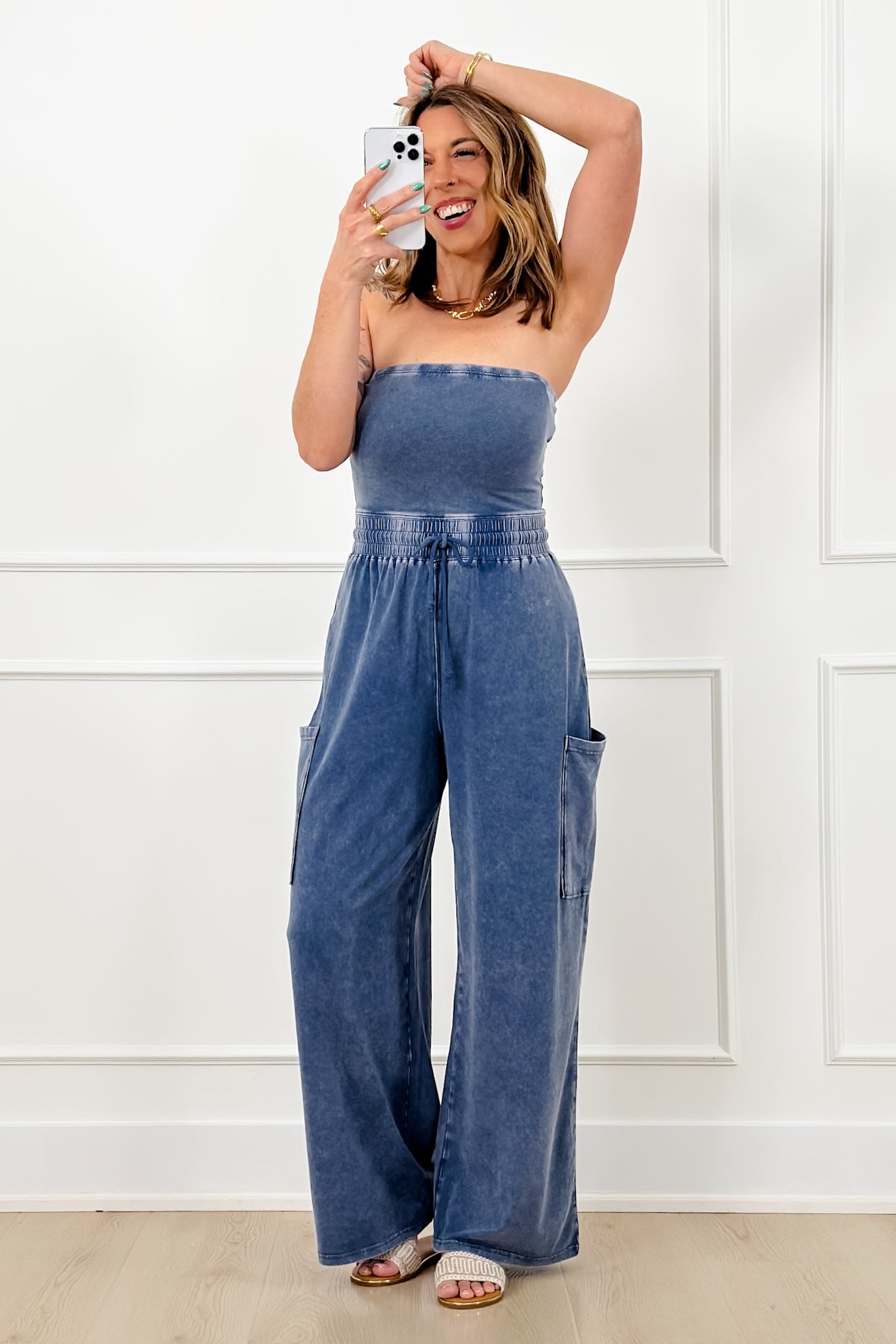 Mineral Wash Strapless Wide Leg Jumpsuit