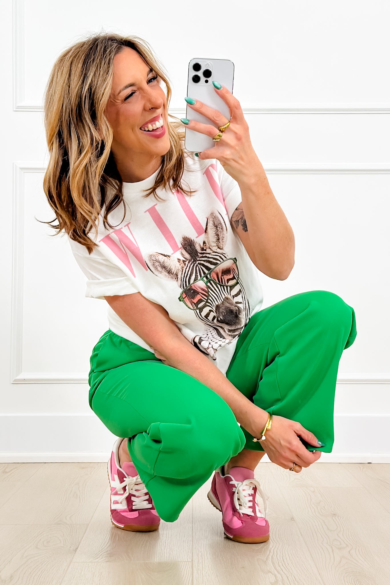 Green Elastic Waist Straight Leg Trouser Pants