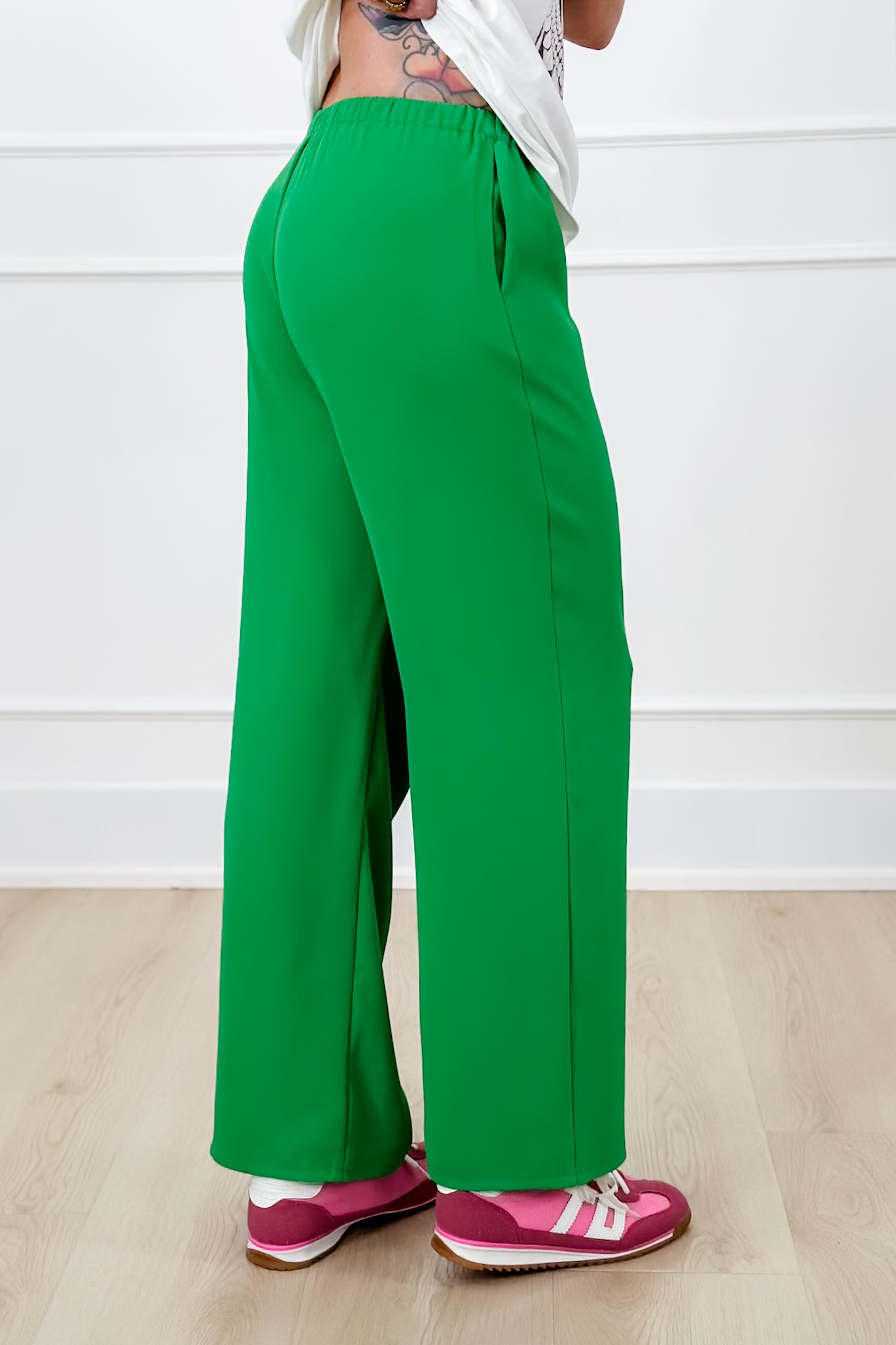 Green Elastic Waist Straight Leg Trouser Pants