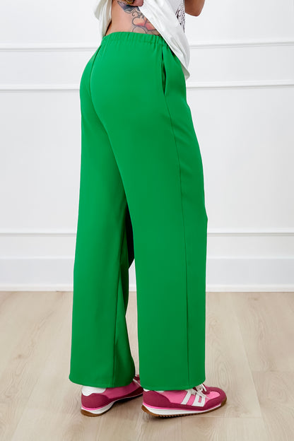 Green Elastic Waist Straight Leg Trouser Pants