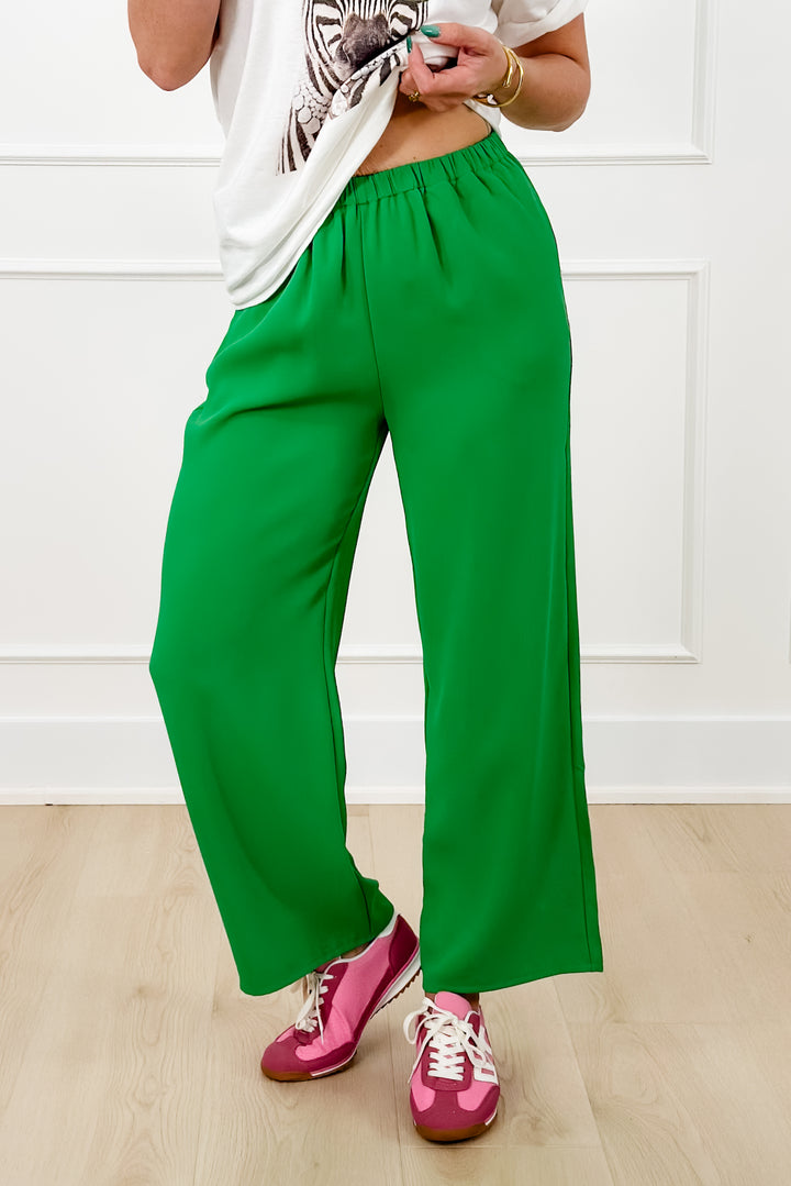 Green Elastic Waist Straight Leg Trouser Pants