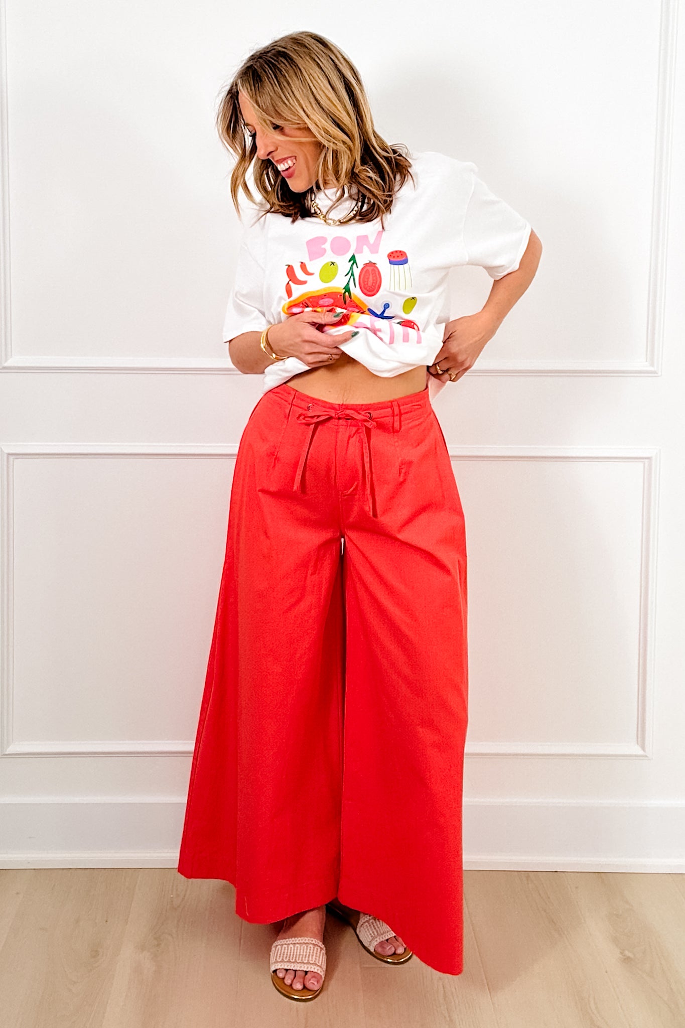 Elastic Waist Wide Leg Pants with Side Pockets