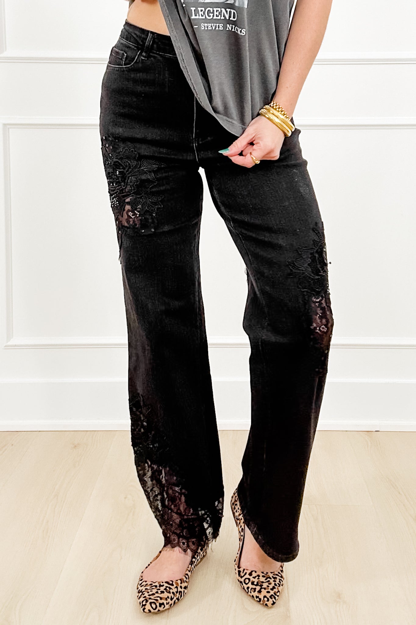 Black Straight Leg Jeans with Lace Patchwork