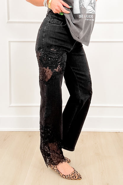 Black Straight Leg Jeans with Lace Patchwork