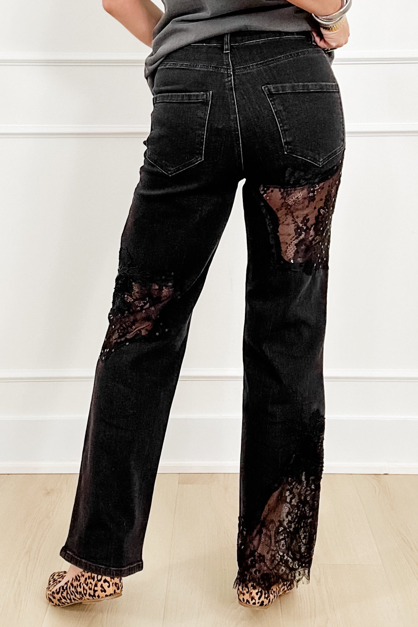Black Straight Leg Jeans with Lace Patchwork