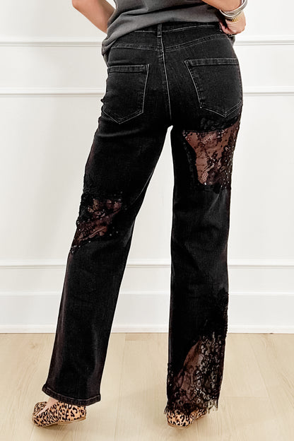 Black Straight Leg Jeans with Lace Patchwork