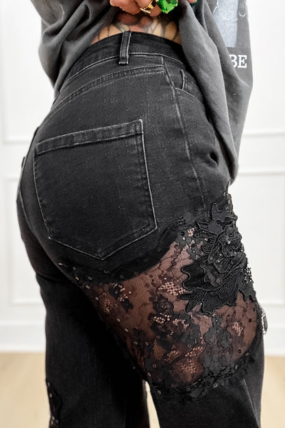 Black Straight Leg Jeans with Lace Patchwork