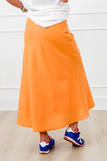 Linen Blend Elastic Waist A-Line Midi Skirt