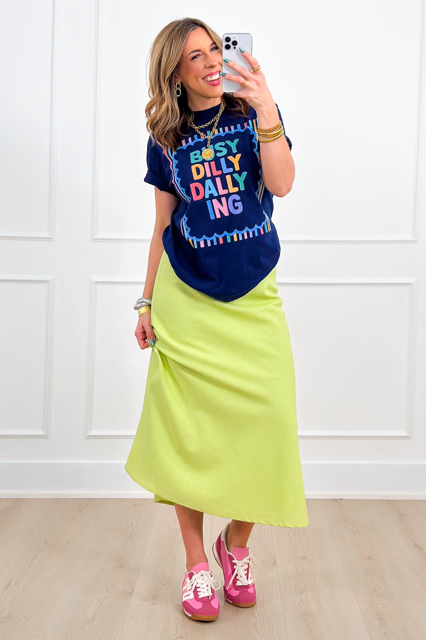 Linen Blend Elastic Waist A-Line Midi Skirt