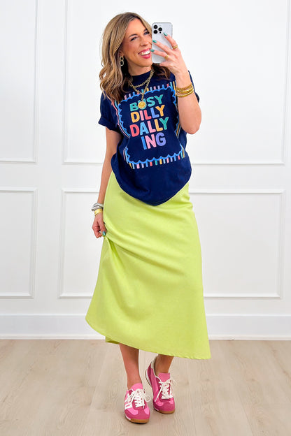 Linen Blend Elastic Waist A-Line Midi Skirt