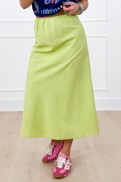 Linen Blend Elastic Waist A-Line Midi Skirt