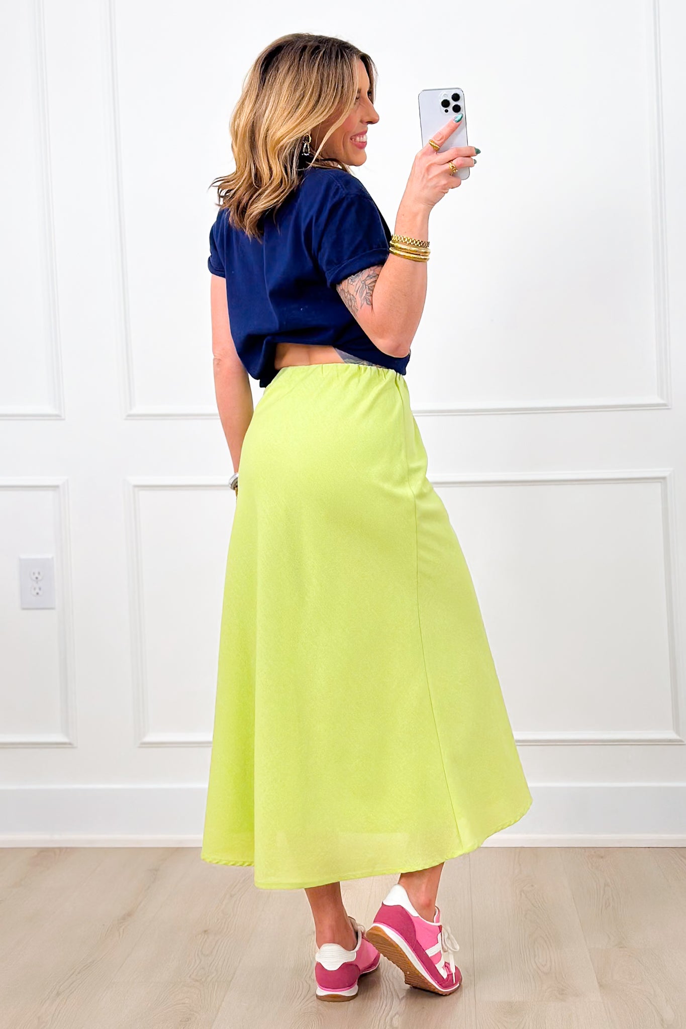 Linen Blend Elastic Waist A-Line Midi Skirt