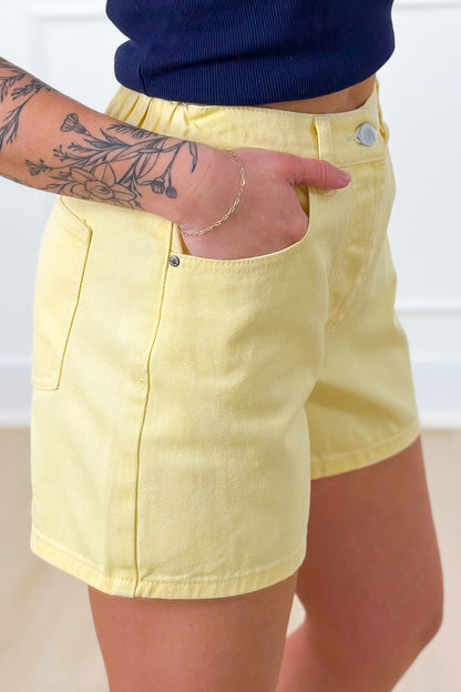 Yellow Cotton Denim Shorts with Elastic Back