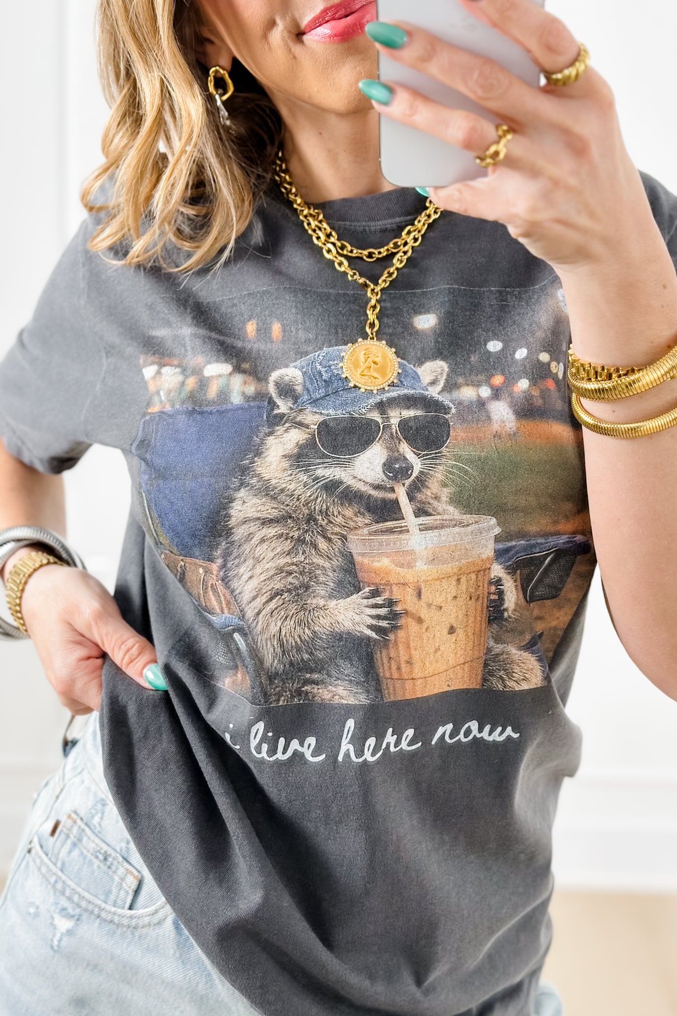 Plus/Reg Short Sleeve "I Live Here Now" Baseball Graphic Tee