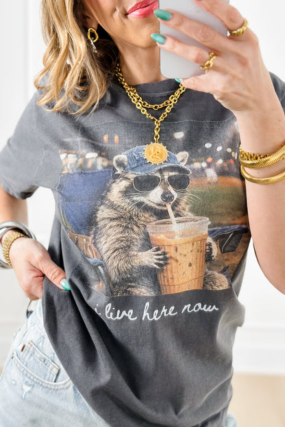 Plus/Reg Short Sleeve "I Live Here Now" Baseball Graphic Tee