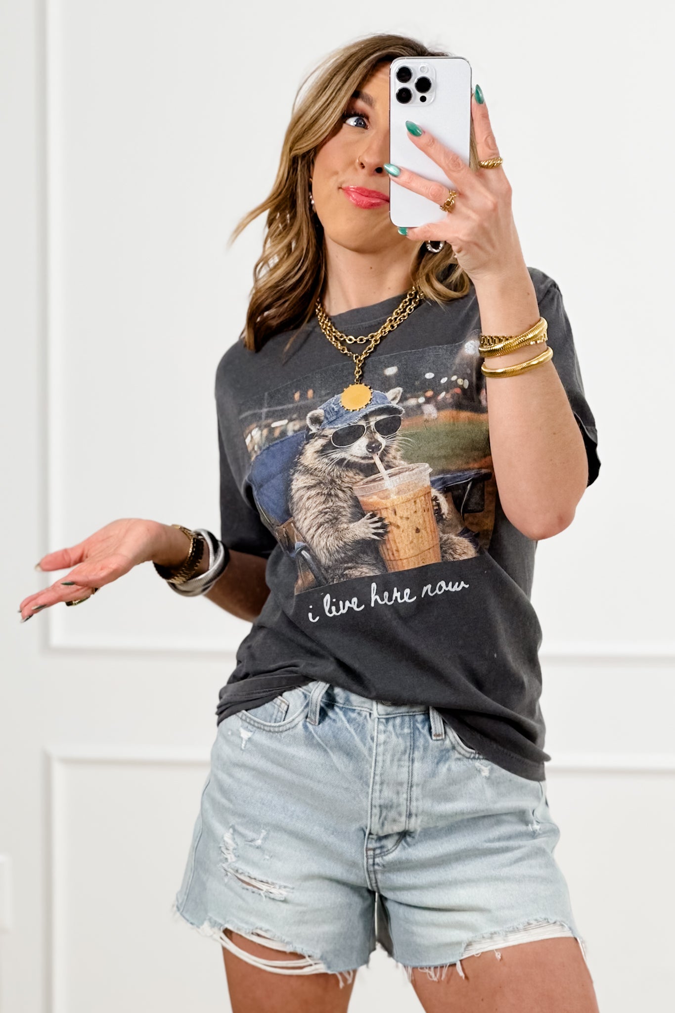 Plus/Reg Short Sleeve "I Live Here Now" Baseball Graphic Tee