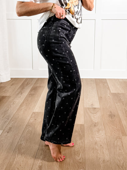 Risen High Rise Grey Polka Dot Tummy Control Straight Leg Jeans