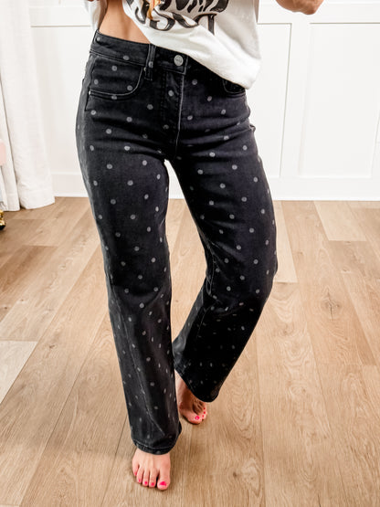 Risen High Rise Grey Polka Dot Tummy Control Straight Leg Jeans