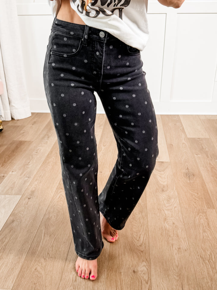 Risen High Rise Grey Polka Dot Tummy Control Straight Leg Jeans