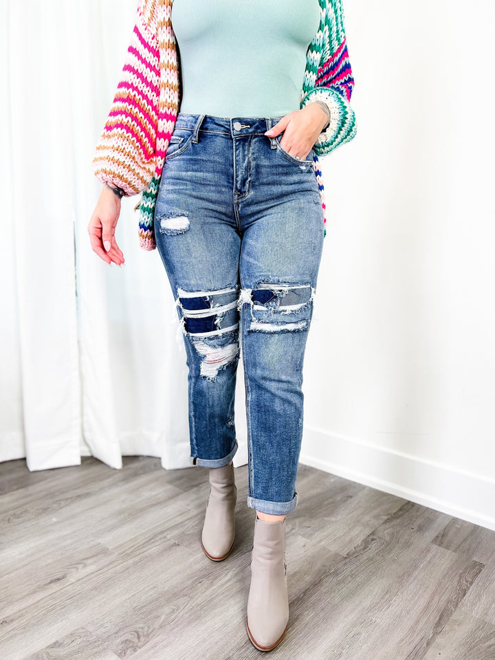 Risen Dark Wash High Rise Distressed Girlfriend Jeans