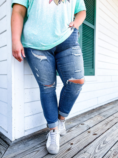 Judy Blue Boy Toy Light Wash High Rise Cuffed Boyfriend Distressed Jeans